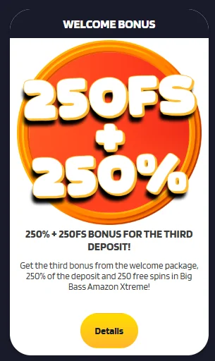 bonus for the third deposit and 250 free spins